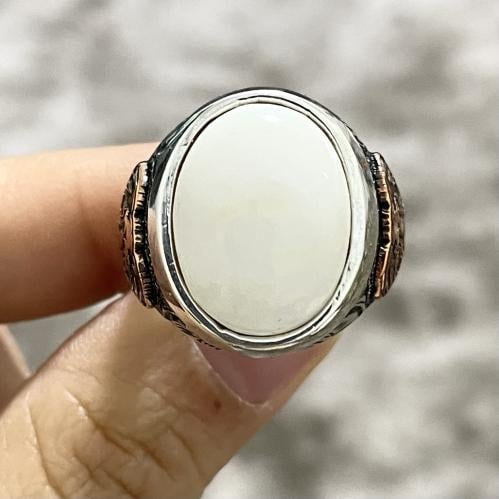 خاتم فضة رجالي بحجر بحجر عاج الفيل الطبيعي