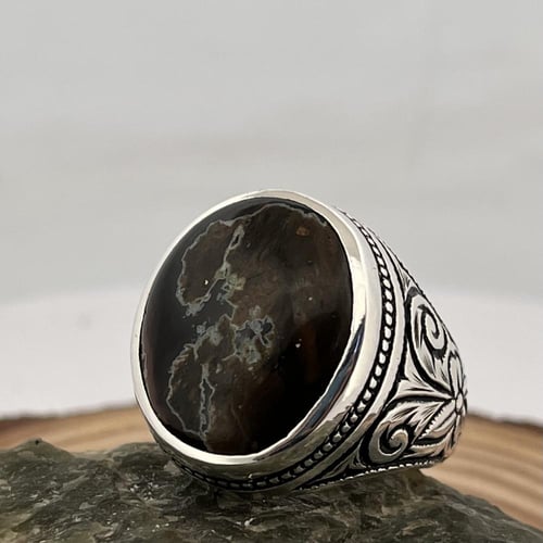 خاتم فضة رجالي بحجر عقيق خرائطي يماني طبيعي