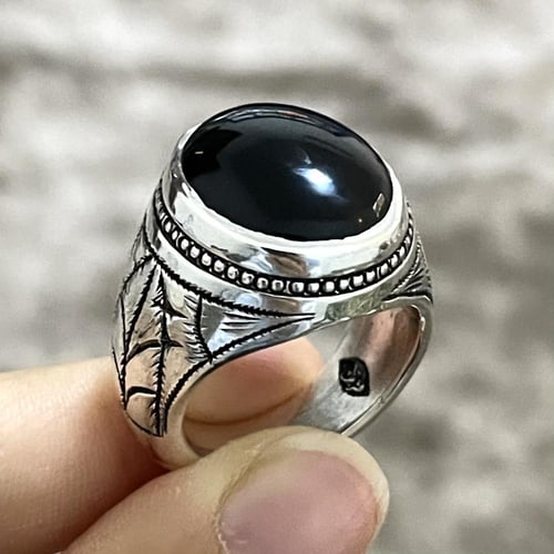 خاتم فضة رجالي بحجر جزع اسود يماني طبيعي