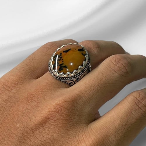 خاتم فضة رجالي بحجر الدم اليماني