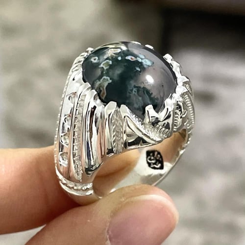 خاتم فضة رجالي بحجر عقيق ورد الربيع الطبيعي