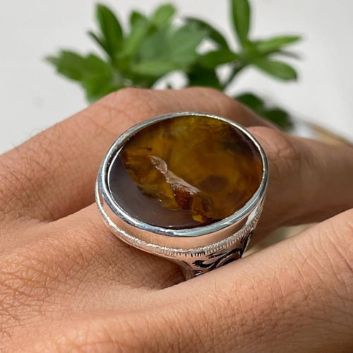 خاتم فضة رجالي بحجر عقيق مصور يماني طبيعي