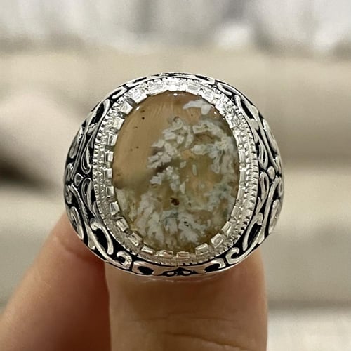 خاتم فضة رجالي بحجر عقيق ورد الربيع الطبيعي