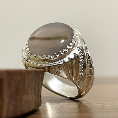 خاتم فضة رجالي بحجر عقيق مصور يماني طبيعي