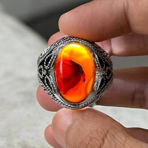 خاتم فضة رجالي بحجر عقيق رماني زعفراني طبيعي