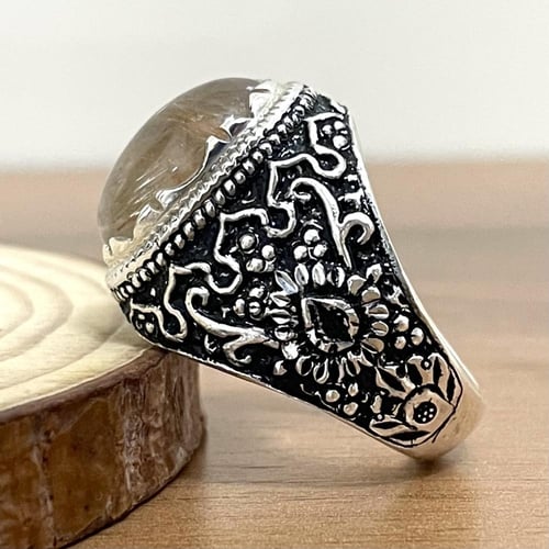 خاتم فضة رجالي بحجر در مسماري طبيعي