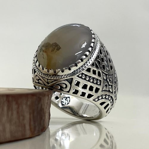 خاتم فضة رجالي بحجر عقيق يماني مشجر طبيعي