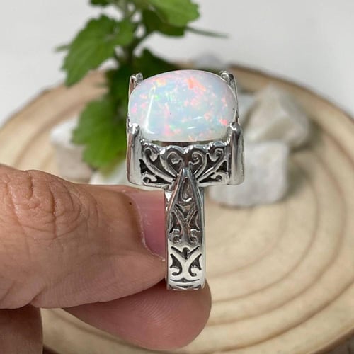 خاتم فضة رجالي بحجر اوبال اثيوبي طبيعي