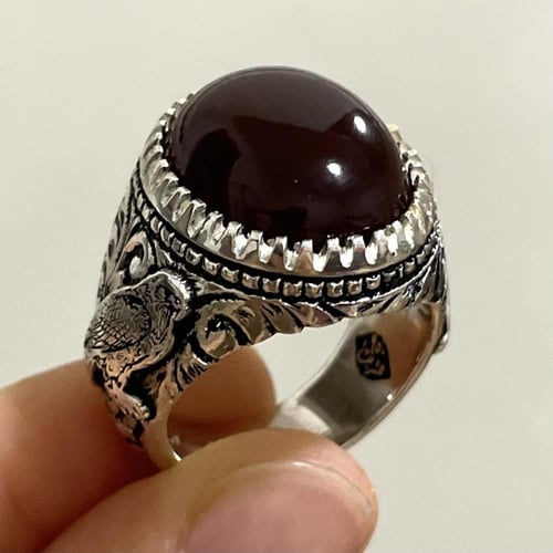 خاتم فضة رجالي بحجر عقيق كرزي يماني طبيعي