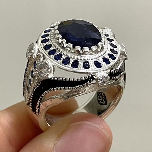 خاتم فضة رجالي بحجر زفير افريقي مرصع زركون سويسري...