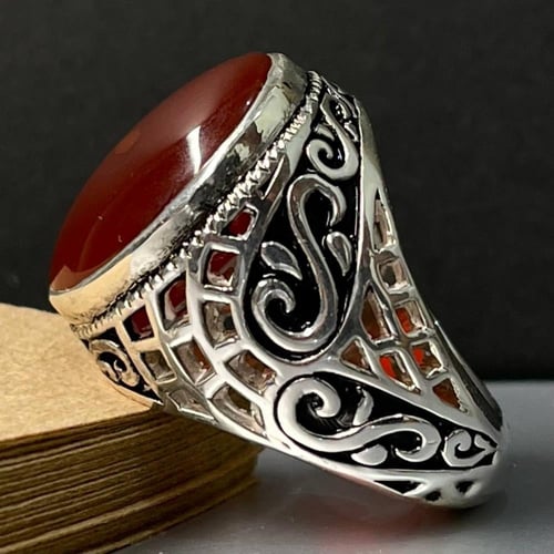 خاتم فضة رجالي بحجر عقيق كبدي يماني طبيعي