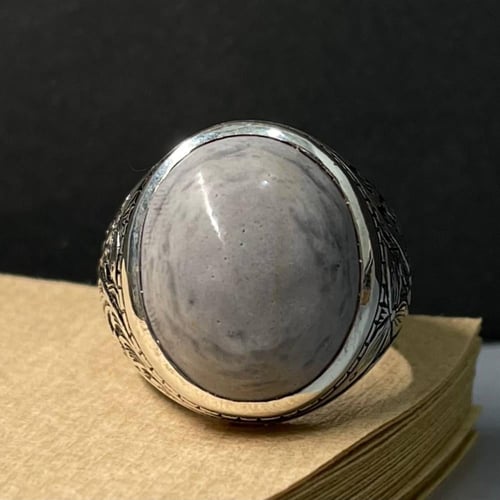 خاتم فضة رجالي بحجر عقيق بقراني يماني طبيعي