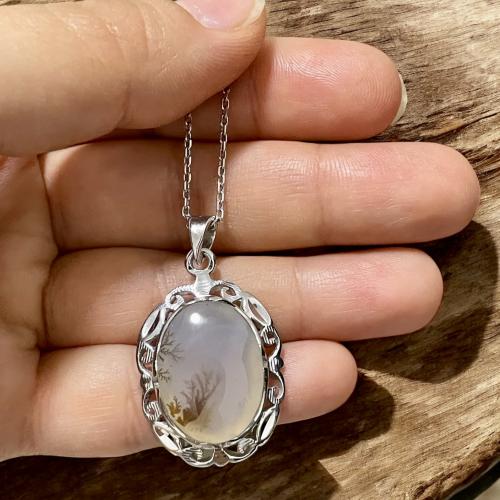 قلادة فضة نسائية بحجر عقيق مشجر يماني طبيعي