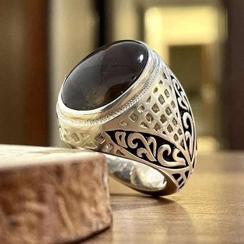 خاتم فضة رجالي بحجر جزع يماني طبيعي