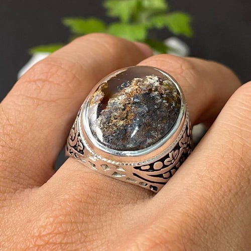 خاتم فضة رجالي بحجر عقيق طحلبي يماني طبيعي