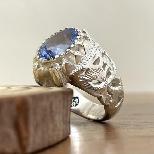 خاتم فضة رجالي بحجر توباز برازيلي لون سويسري