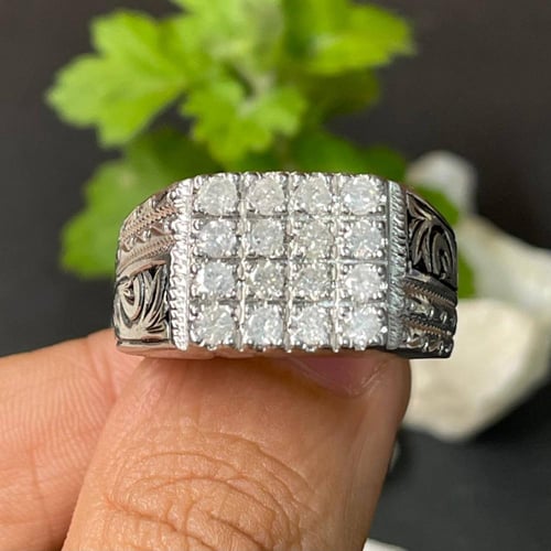 خاتم فضة رجالي مرصع الماس طبيعي