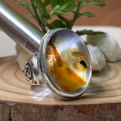 خاتم فضة رجالي بحجر عقيق مصور يماني طبيعي