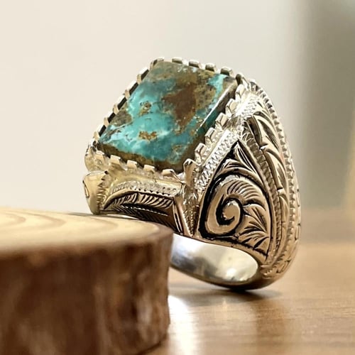 خاتم فضة رجالي بحجر فيروز نيشابوري طبيعي