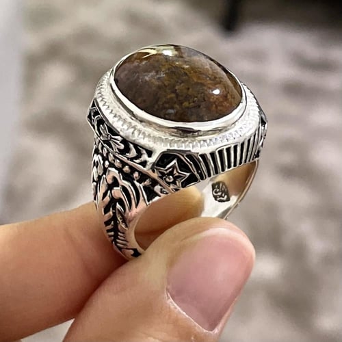 خاتم فضة رجالي بحجر عقيق يماني طحلبي طبيعي