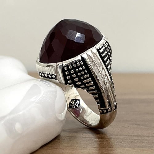 خاتم فضة رجالي بحجر عقيق خرساني طبيعي