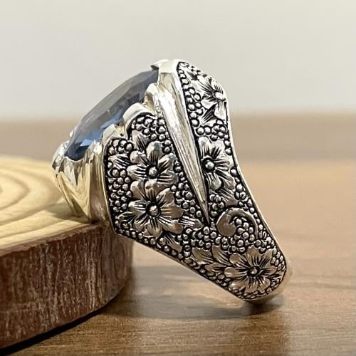 خاتم فضة رجالي بحجر توباز برازيلي لون سويسري