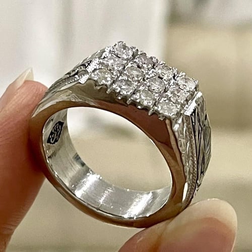 خاتم فضة رجالي مرصع الماس طبيعي