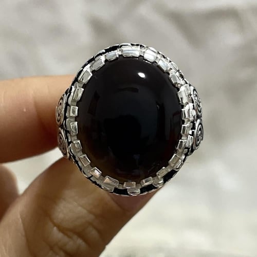 خاتم فضة رجالي بحجر جزع يماني اسود طبيعي