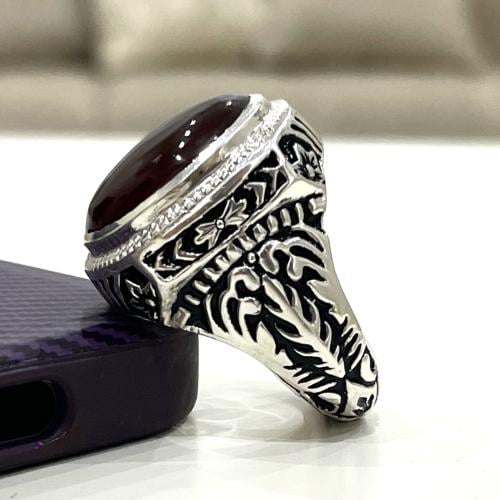 خاتم فضة رجالي بحجر عقيق كبدي يماني طبيعي