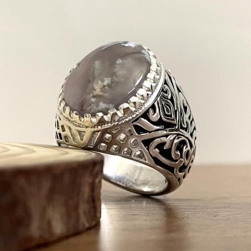 خاتم فضة رجالي بحجر عقيق ورد الربيع الطبيعي