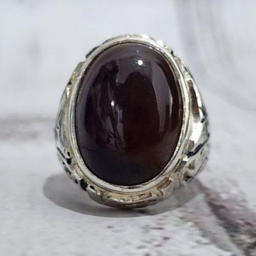 خاتم فضة رجالي بحجر عقيق يماني جزع طبيعي