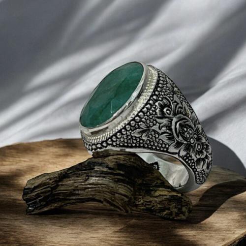 خاتم فضة رجالي بحجر زمرد