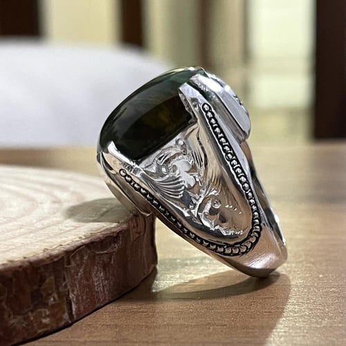 خاتم فضة رجالي بحجر عقيق دم يماني طبيعي