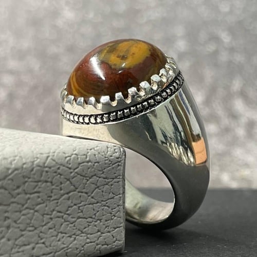 خاتم فضة رجالي بحجر دم يماني طبيعي