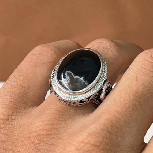 خاتم فضة رجالي بحجر عقيق خرائطي يماني طبيعي