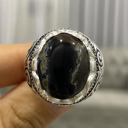 خاتم فضة رجالي بحجر عقيق يماني خرائطي اسود طبيعي