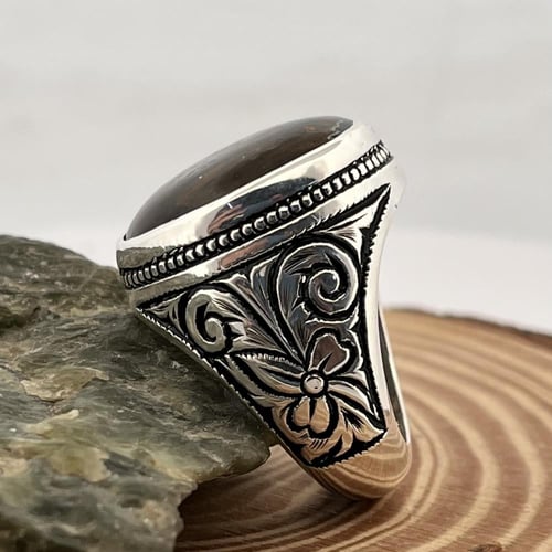 خاتم فضة رجالي بحجر عقيق خرائطي يماني طبيعي