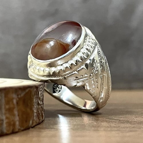 خاتم فضة رجالي بحجر عقيق يماني مصور طبيعي