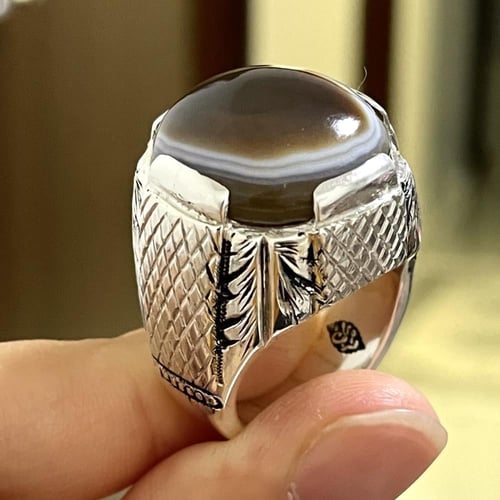 خاتم فضة رجالي بحجر عقيق سليماني بقراني طبيعي