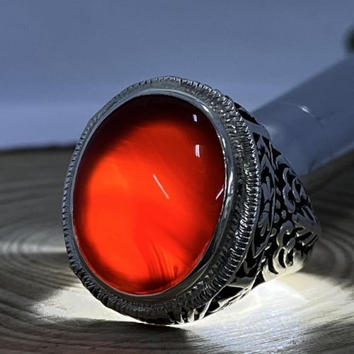 خاتم فضة رجالي بحجر عقيق كرزي انسي يماني طبيعي