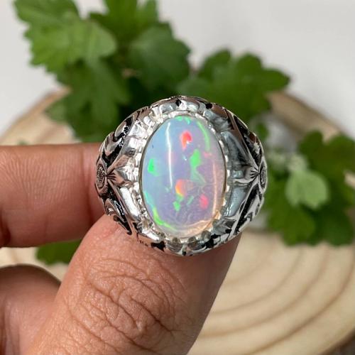 خاتم فضة رجالي بحجر اوبال اثيوبي طبيعي