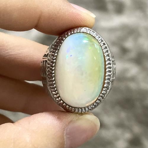 خاتم فضة رجالي بحجر اوبال اثيوبي طبيعي