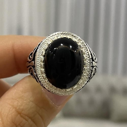 خاتم فضة رجالي بحجر جزع يماني اسود طبيعي