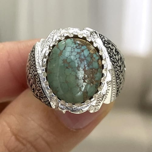 خاتم فضة رجالي بحجر فيروز نيشابوري طبيعي