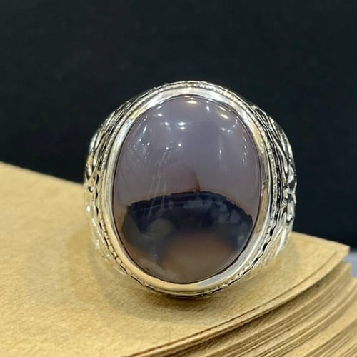 خاتم فضة رجالي بحجر عقيق مصور يماني طبيعي