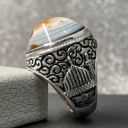 خاتم فضة رجالي بحجر عقيق سليماني طبيعي