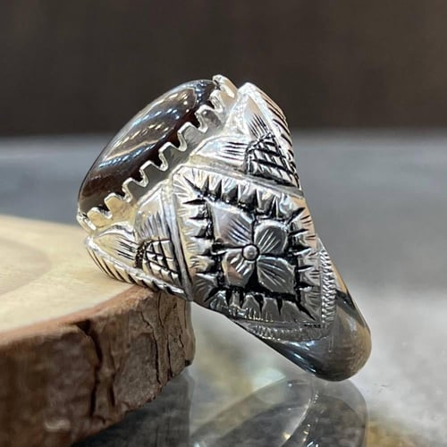 خاتم فضة رجالي بحجر عقيق مكسيكي طبيعي
