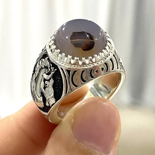 خاتم فضة رجالي بحجر عقيق مصور يماني طبيعي