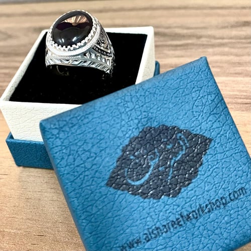 خاتم فضة رجالي بحجر جزع يماني اسود طبيعي