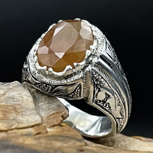 خاتم فضة رجالي بحجر زفير اصفر افريقي